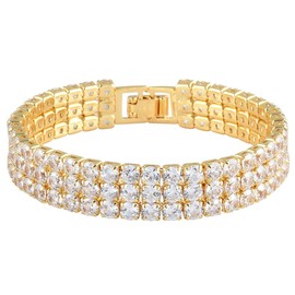 [RIZILIA ICONIC] Triple Rows 4mm Round White Cubic Zirconia 18K Gold Plated Wide Tennis Bracelet, 7", Metal, simulated-white-topaz