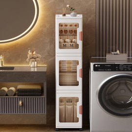 3-Tier Slim Tall Bathroom Storage Cabinet，Narrow Bathroom Storage Cabinet with Transparent Doors and Shelves, Suitable for Small Spaces, Bathrooms, Kitchens, Laundry Rooms,White (9.8x11.4x47.2)