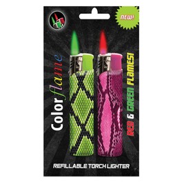 Amazing Color Flame Fire Butane Colorflame Colorful Torch Lighter Colored Flame Pocket Lighter Red Flame and Green Flame- 2 Pack Choose Your Assortment (Green & Pink Snakeskin)