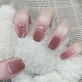 Nail Tip, Short, 24 Pieces, False Nails, Red, Gradient, 3D Nail Seal, Pearl, Gold Foil, Nail Tip, Popular, Japanese Style, Cute, Simple, Fashionable Party, Autumn, Spring, Summer, Daily Life, Bridal