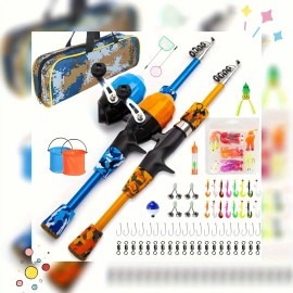 High Quality Child Rod Reel Lure Frog Hook Box Bag in One Set Telescopic Pmma Fishing Rod and Reel Combo for KidsLength: 1.5m, Color: blue and orange fishing pole kit