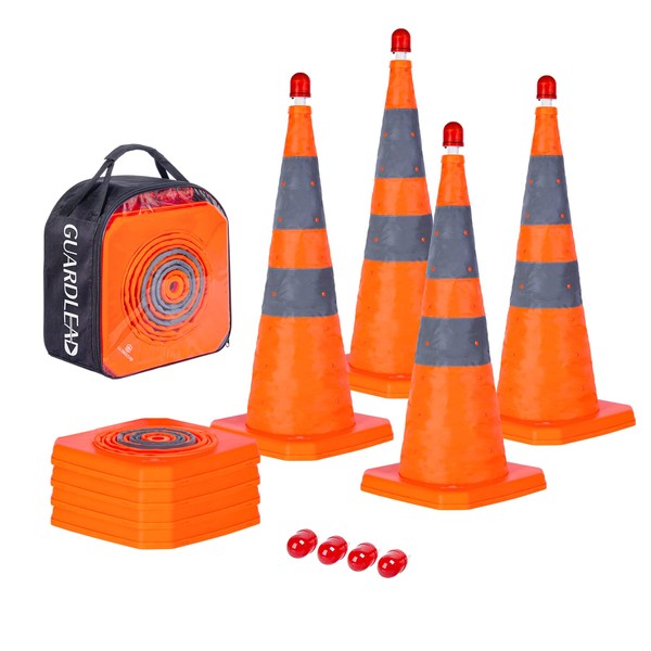 4 Pack 28 inch Collapsible Traffic Cones with LED Light,