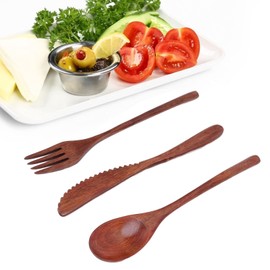 Wooden Cutlery Set Tableware Set Scratch Proof Portable Wood Spoon Fork Cutter Set Reusable Spoon Fork Chopsticks Tableware Set for Dessert Salads Noodles