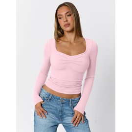 Trendy Queen Womens Long Sleeve Shirts Crop Tops Going Out Clothes Cute Sweetheart Neck Workout Fall Fashion Outfits 2025 Pink M