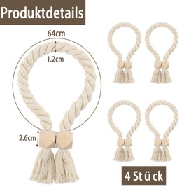 Pack of 4 Magnetic Curtain Tiebacks for Curtains, Hand Knitted, Curtain Tape, Curtain Tiebacks Made of Wood, Curtain Holder for Curtains, Home Office Curtains, Decoration