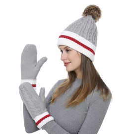 Belle Dame Winter Pompom Beanie Hat and Mittens Set for Women Knit Winter Hat and Gloves Set Fleece Lined (HT495/GL495)