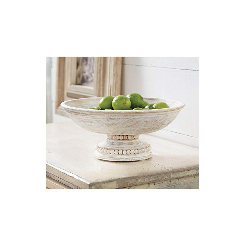 Mud Pie Beaded Wood Pedestal Bowl, White, 6" x 14"