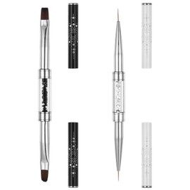 LXUEJIE 2Pcs Dual Ended Hard Gel Nail Brushes for Builder Gel, French Tip Brush Hard Gels, Nail Builder Brushs, Rhinestone Handle Liner Brush Nails Drawing Brushes for Design