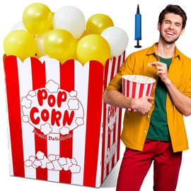 Giant Popcorn Box with Balloons and Balloons Pump Large Cardboard Popcorn Display Stand Popcorn Prop Decorations for Movie Night, Carnivals, Theme Party, Circus, Theater (50 Pcs)