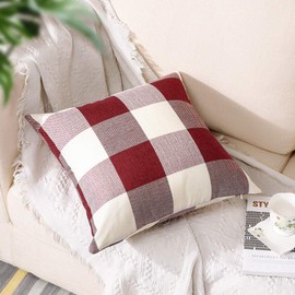 Artscope Buffalo Check Plaid Throw Pillow Covers Farmhouse Decorative Square Pillowcase, Classic Retro Checkers Cushion Covers for Sofa Bedroom Car 24 x 24 Inch, White and Red