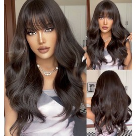 MISSWEN Dark Brown Wigs With Bangs Heat Resistant Hair Body Wavy Cosplay Wig Layered