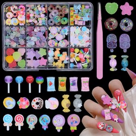 3D Candy Nail Charms, Lollipop Donuts Nail Charms, Multi Shapes and Colors Heart Star Candy Nail Charm for 3D Nail Art, Assorted Cute Nail Charms for Nail Art DIY Decorations Design with Pickup Tools
