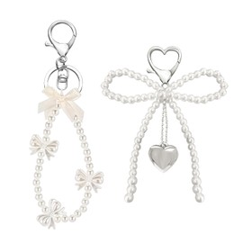 Lilbitty Pack of 2 Cute Bow Pearl Keyrings for Women, Fashionable Key Ring for Bag and Car, Golden Charms Pendant, Perfect as a Gift, White
