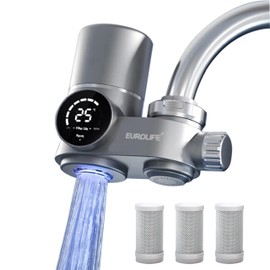 Combo Eurolife Faucet Mount Water Filter EL-LS-A13, LED Sink Water Filter with UV Light and Real Time Filter Life Indicator, Carbon Filter 8 Level fine Filtration, Extra More 2 Carbon Filter Included