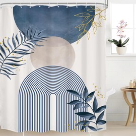 Mitpok Blue Gray Boho Shower Curtain 72Wx96H Extra Long Modern Bohemian Abstract Dusty Blue Gold Leaves Mid Century Plant Bathroom Decor Minimalist Geometric Bath Curtain Fabric Polyester 12 Pack Hook