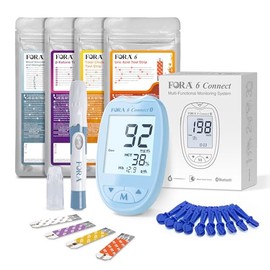 FORA 6 Connect | 4-in-1 Blutzucker-, Keton-, Cholesterin-, Harnsäure-Messgerät | Für die Selbstanwendung zu Hause | Bluetooth & App | Inkl. Teststreifen & Zubehör, Blau