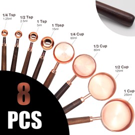 SHIKORI Gold Measuring Cups and Spoons Set with Wood Handles, Premium Stainless Steel Measuring Spoons and Measuring Cups Set-Rose Gold