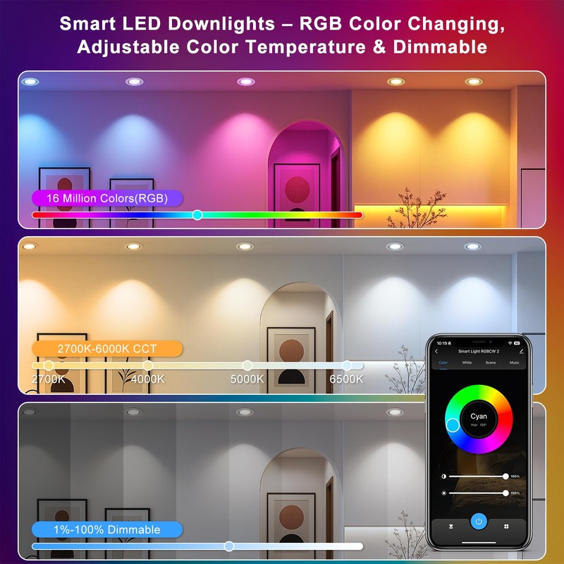 2 Inch Smart Recessed Lighting, 5W RGB WiFi LED Downlight,