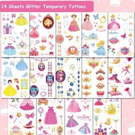 CHARLENT Glitter Temporary Tattoos for Girls - 14 Sheets Glitter Princess Tattoos for Girls, Birthday Party Gifts, Goodie Bag Fillers