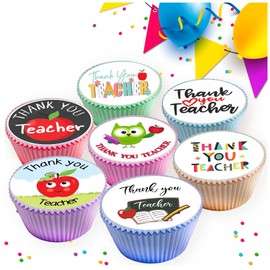 24 x PRE CUT THANK YOU TEACHER MIXED IMAGES EDIBLE WAFER CARD RICE PAPER 4.5 cms CUPCAKE TOPPERS DECORATIONS
