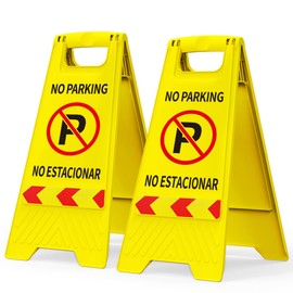 No Parking Signs, 2 Pack No Parking Signs with Stand, Double-Sided English & Spanish Text and Graphics Easier to Identify, Portable Folding Bright Yellow Warning Sign for Commercial Use Shop