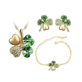 Auriselle Women's Jewellery Set Lucky Four Leaf Clover Rhinestone Earrings Necklace Bracelet 3 Pieces Women Jewellery with Cubic Zirconia Wedding Gifts for Ladies, Alloy Steel, No Gemstone