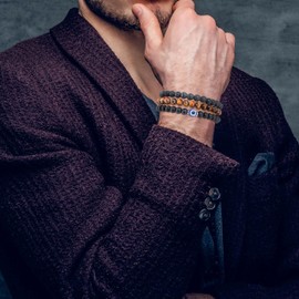 Lameybrt Evil Eye Bracelet 6mm Natural Stretch Adjustable Beaded Bracelets for Men (A03 black agate, M (6.6"-7.5")) (K05 Tiger Eye, M (6.6"-7.5"))