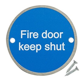 Fire Door Guru® Pack of 20 Fire Door Keep Shut Sign - 76mm Disc – Stainless Steel Safety Sign - Fixings Included