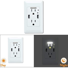 KCMYTONER USB Charger Wall Outlet with Nightlight,USB Outlet 2 USB Charging Ports 4.2A and 2 Electrical AC Outlets, 15A Tamper Resistant Outlet,White with Wall Plate,Auto LED Nightlight 8Pack