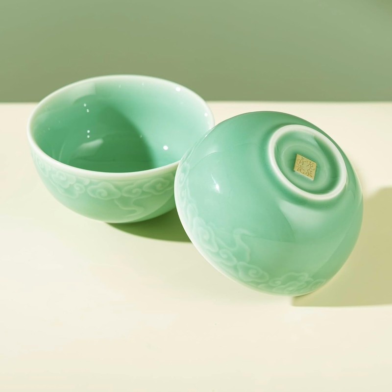 SILINE 4.5" Green Porcelain Bowls Set of 2,Genuine Longquan Celadon