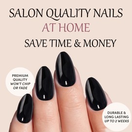 Black Press On Nails Almond -Short Press On Nails with Nail Glue, Fit Perfectly & Natural Reusable Stick On Nails in 12 Sizes - 24PCS Soft Gel Glue On Nails Kit