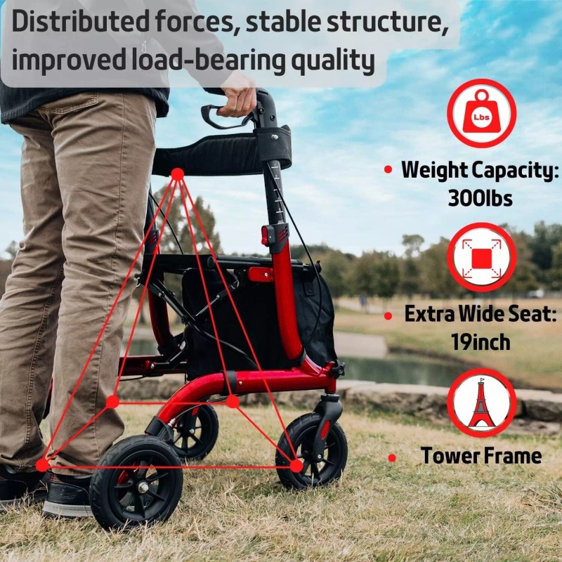 Henmnii All-Terrain Rollator Walker for Seniors Rubber Wheels Foldable Lightweight