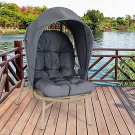 Athena Collection Patio Wicker Egg Chair with Folding Canopy, All-Weather Rattan Patio Lounge Chair with Sun Shade, Balcony Furniture Outside Seating for Front Porch, Garden, Poolside, Outdoor, Grey