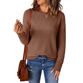 EVALESS Womens Sweaters 2025 Fashion Trendy Fall Round Neck Cable Knit Long Sleeve Diamond Loose Plus Size Chunky Lightweight Pullover Tops Clothes,Coffee Large