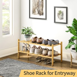 Furshus 2-Tier Bamboo Shoe Rack for Entryway, Stackable | Heavy Duty | Multi-Function, Free Standing Shoe Racks for Bedroom Hallway Closet