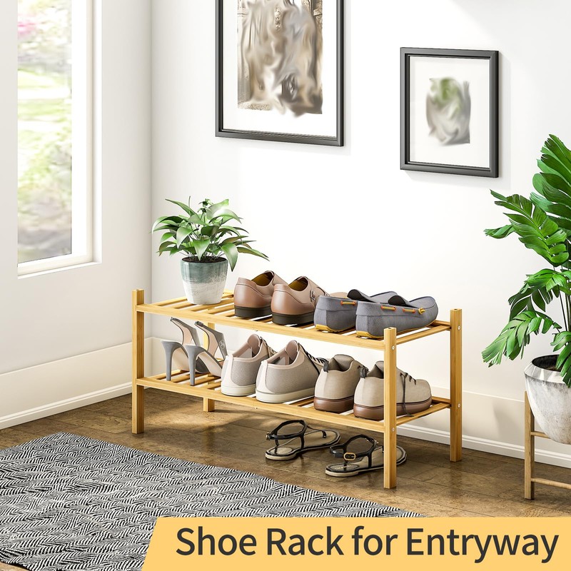 Furshus 2-Tier Bamboo Shoe Rack for Entryway, Stackable | Heavy