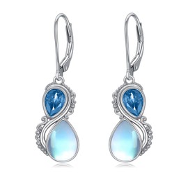 Moonstone Earrings 925 Sterling Silver Vintage Dangle Drop Leverback Earrings with Blue March Birthstone Jewelry Gifts for Women