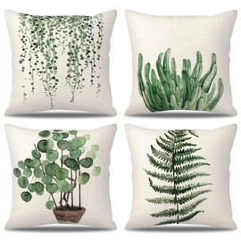 BIHEE Cushion Cover, 50 x 50 cm, Linen Cushion Covers, Set of 4, Green Leaf Decorative Cushion Cover for Sofa, Bedroom, Garden, Outdoor
