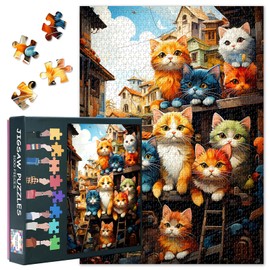 Animals Jigsaw Puzzles for Adults 1000 Pieces, Group of Cats Sitting on Top of Wooden Shelf Puzzle, Impossible Challenging Difficult Jigsaw Puzzles for Adults, 19.5 x 27.5 Inch