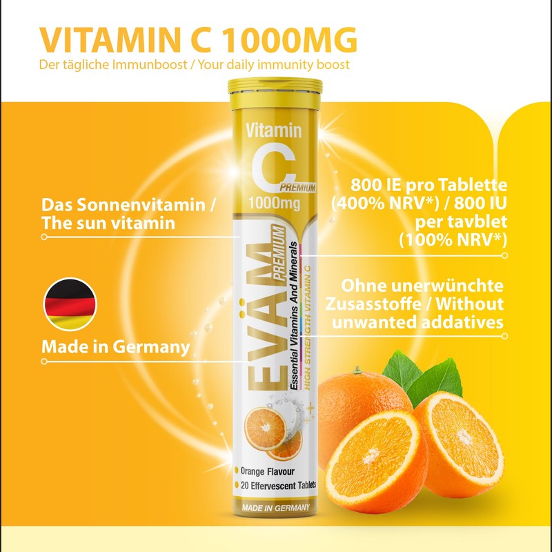 EVÄM Premium Vitamin C 1000 mg Effervescent Tablets, Orange Flavour,