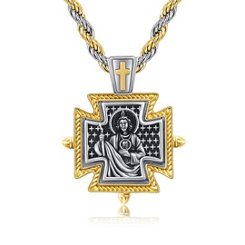 YueYuan Gold Religious Necklace for Men 925 Sterling Silver Gold Cross Saint Pendant Amulet Necklace Religious Jewellery Gifts for Birthday Anniversary, Sterling Silver