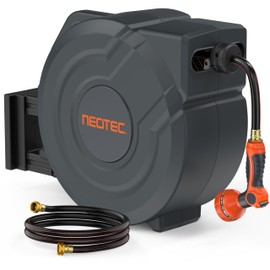 NEOTEC Retractable Garden Hose Reel 5/8 inch x 90ft - Wall Mounted Heavy Duty Hose Reel with 3/4 Inch Brass Fittings & 9-Pattern Nozzle - Auto Rewind System, Any Length Lock, 180° Swivel Bracket
