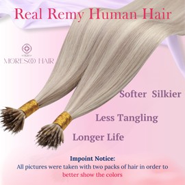 Moresoo Highlights Blonde Nano Hair Extensions Human Hair Ash Blond with Bleach Blonde Hair Remy Human Hair Extensions Nano Bead Long 50g/50s 16 inch