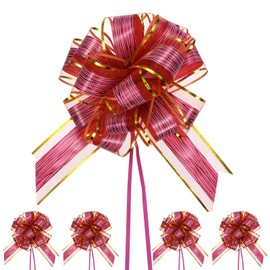 M METERXITY 12-Pack Large Pull Bow, 8.7 Inch 22cm Plastic Tree Stripes Gold Edge Ribbon Pull Bows Ribbon Bows for Gift Wrapping/Wedding/Baskets Decorations, Satin Pull Bows [Wine Red Gift Bow]