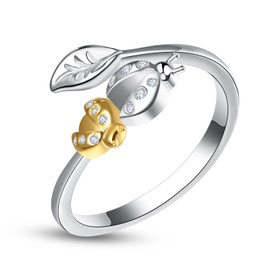 KINGWHYTE Ladybug Ring 925 Sterling Silver Open Ring Ladybug Leaf Ring Adjustable Animal Rings Jewellry Birthday Christmas Gifts for Women