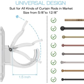 CIEMGNZOC 2PCS No Drill Curtain Rod Brackets, Self-Adhesive Curtain Rods No Drilling, Nail Free Adjustable Curtain Rod Holders, Curtain Hooks for Rod Less Than 1.57 Inch Diameter (Transparent)
