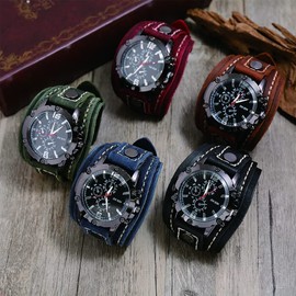 ZFSBRTL Men's Leather Watch, Nordic Vintage Engraved Quartz Watch Viking Bracelet | 1st Anniversary Gift, Birthday Gift | Steampunk Biker Jewellery, Black, Strap.