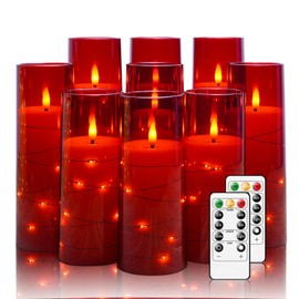Nimiko Flickering Flameless LED Candles,Battery Operated Candles 9 Pcs with Embedded Star String,Acrylic LED Pillar Candles with Remote,Suitable for Home Decoration to Create an Atmosphere（Red）