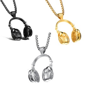 3 PCS Headphones Necklace Pendant with Chain Silver Black Gold | Gift for Music Lovers Fans | Beautiful Stylish Unique Design | Musical Jewellery | Headphone Jewelery | Present for men or women