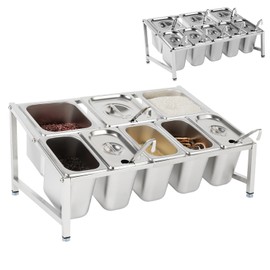 WUSILILU 2Tiers Expandable Spice Rack,Stainless Steel Organizer Shelf w/5 1/9 Pans & 3 1/6 Pan 8 Ladles,Spice Rack for Sauce Ingredients Fruits, Kitchen Use